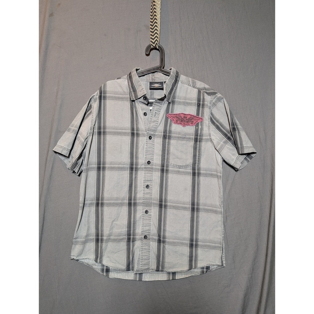 Harley Davidson Mens Plaid Short Sleeve Button Up Shirt Large Motorcycle Patch
